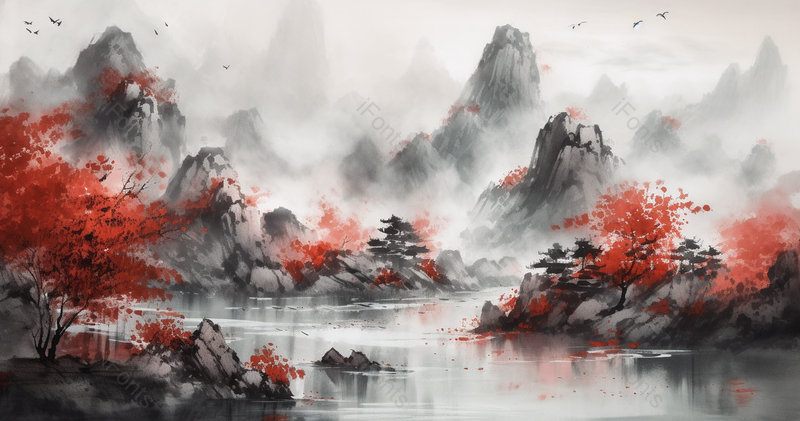 秋季具有层次感中国风意境山水画背景插画,插画/手绘图,插画/手绘图库,插画/手绘图下载,插画/手绘